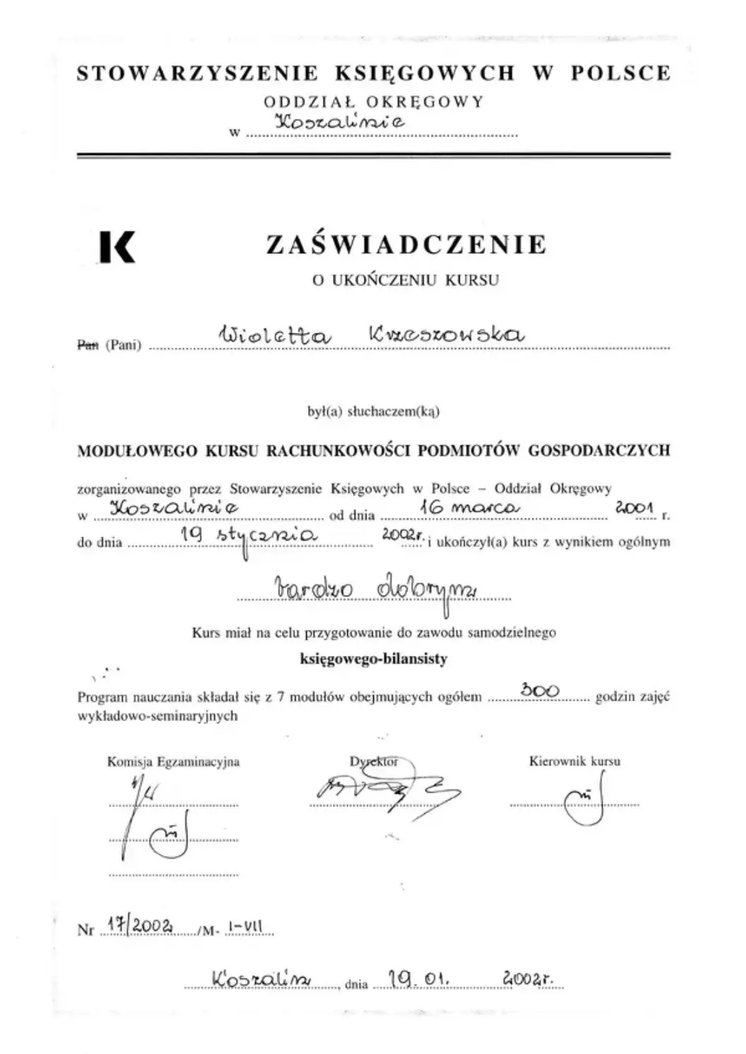 Accounting course certificate for Wioletta Krzeszowska